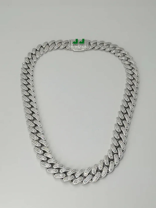 GREEN CLASPED OUTLINED MIAMI BAGUETTE NECKLACE(Passes Diamond Tester)