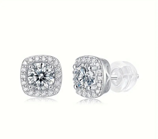 SQUARE WHITE HALO MOISSANITE DIAMOND EARRINGS (Passes Diamond Tester)