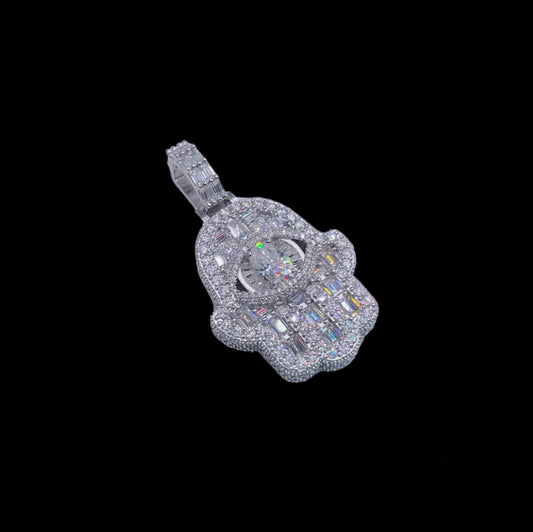 Iced Baguette Hamsa Pendant (Passes the Diamond tester)