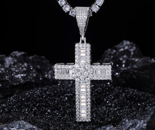 Iced Baguette Cross Pendant (Passes the Diamond tester)