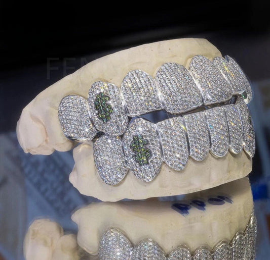 Dollars Sign Iced Out Silver Grillz (Passes The Diamond Tester)