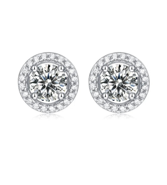 CIRCLE WHITE HALO MOISSANITE DIAMOND EARRINGS (Passes Diamond Tester)